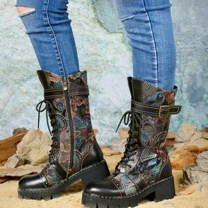 Socofy Doc Martens-Style Bohemian Leather Tapestry Lace-Up Combat Boot
